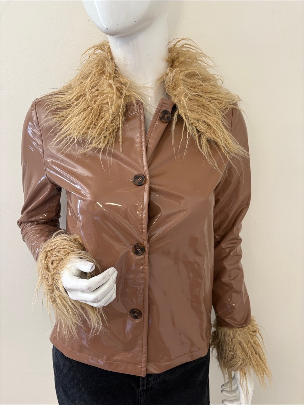 Dolls Kill Brand HalfHeart Faux Patent Leather Jacket w Faux Fur Trim in Tan